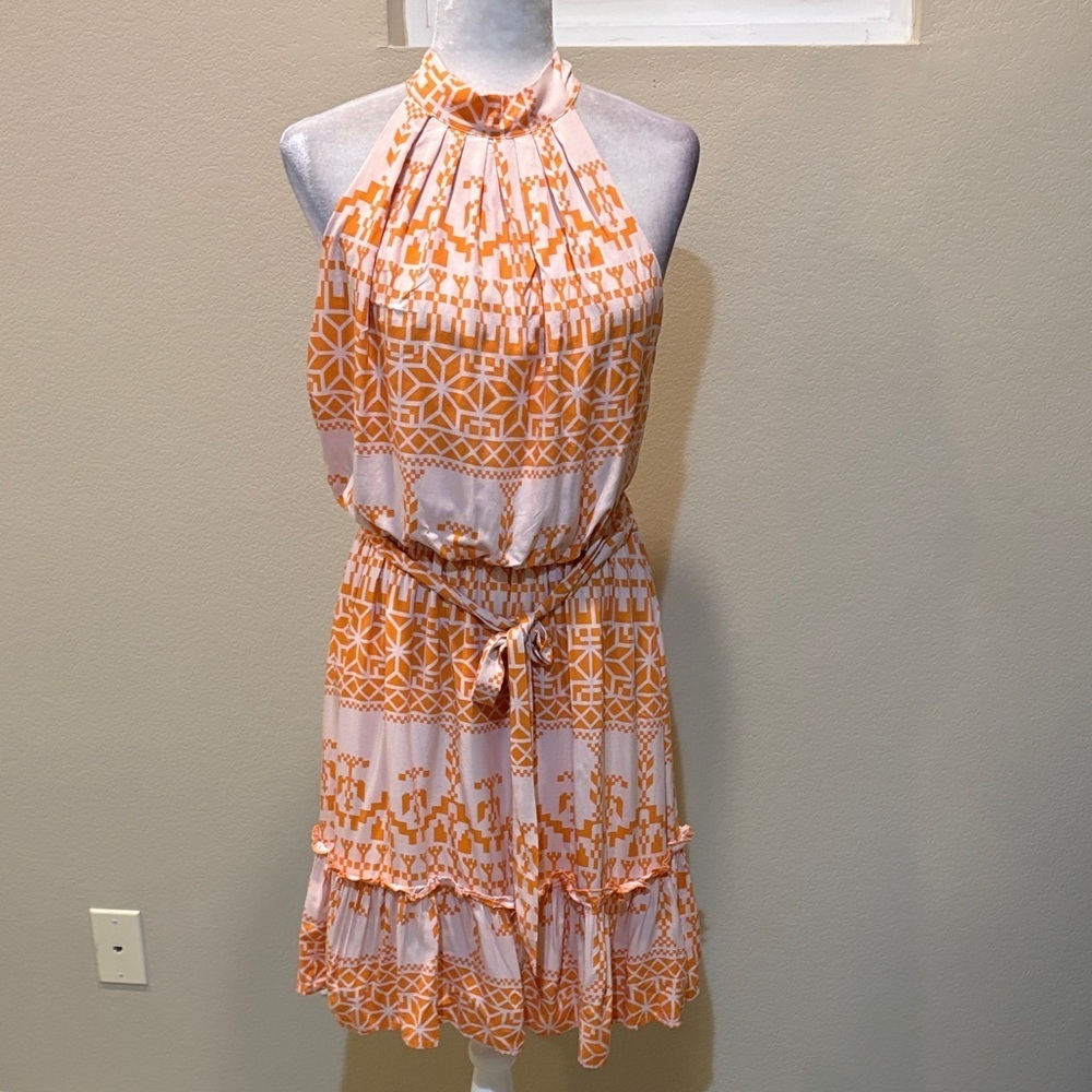 Vibrant Orange Geometric Halter Dress